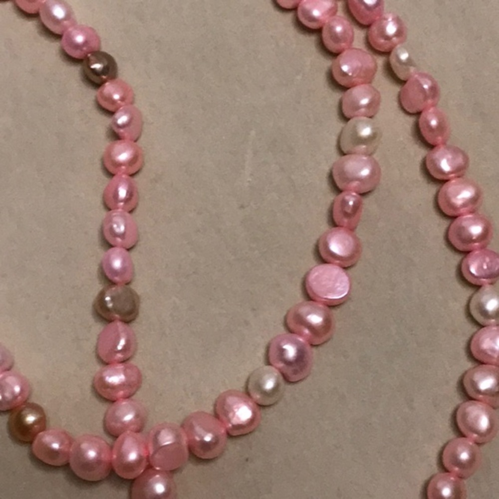 Pink and White 3-4mm Freshwater Pearl Beaded Necklace 24 Inches Stainless Steel